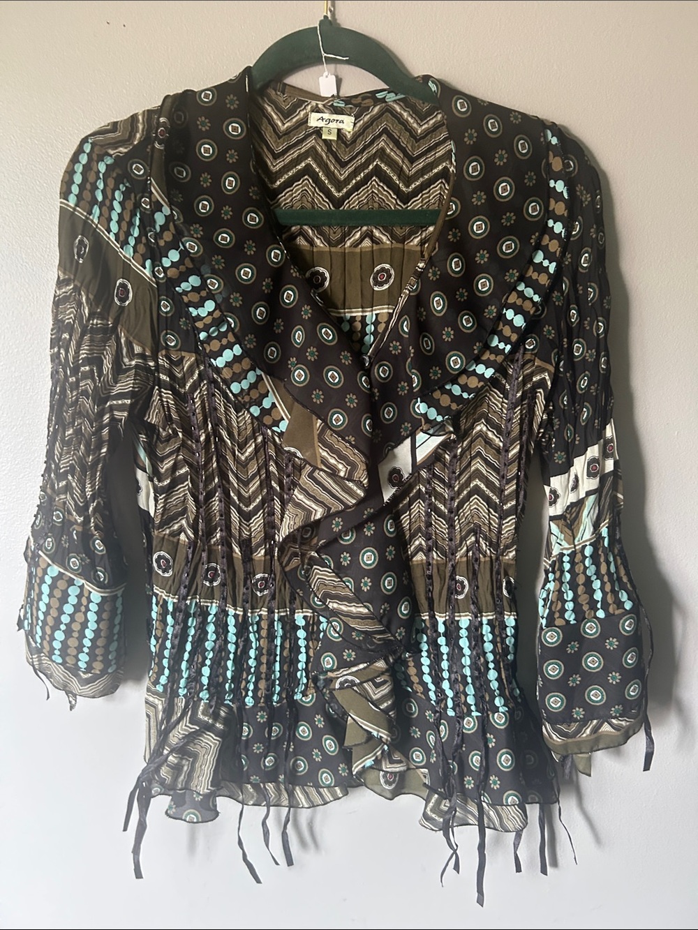 Agora Brown & Teal Patterned Ruffle Front Blouse